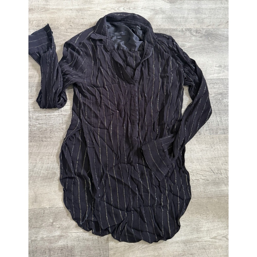AllSaints Women's Shirt Small Viscose Long Sleeve Black Metallic Stripes